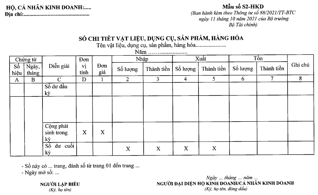 Mẫu Sổ chi tiết vật liệu, dụng cụ, sản phẩm, hàng hóa (Mẫu S2-HKD) Cho Hộ Kinh Doanh, Cá Nhân Kinh Doanh Mới Nhất 