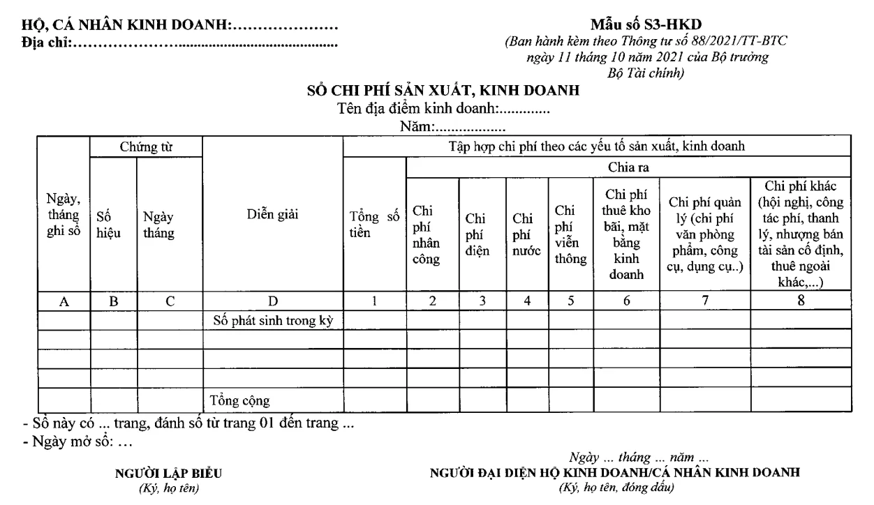 Mẫu Sổ chi phí sản xuất, kinh doanh (Mẫu S3-HKD) mới nhất cho Hộ Kinh Doanh, Cá Nhân Kinh Doanh