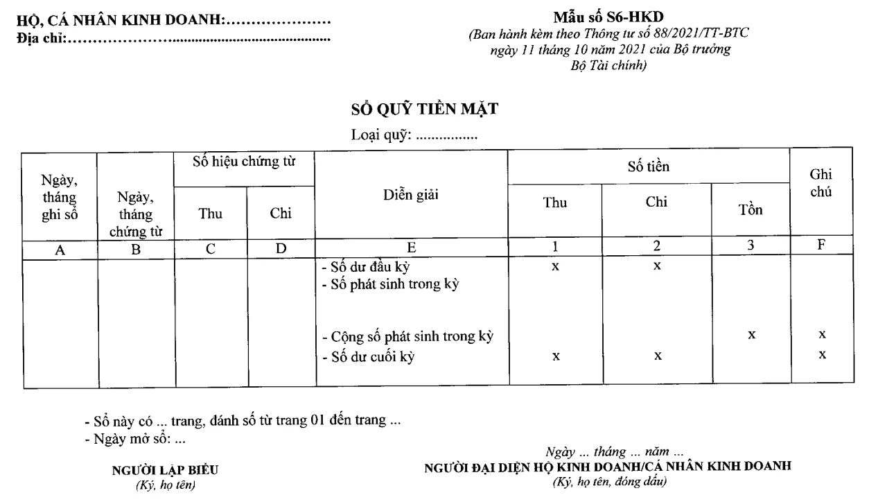 Mẫu Sổ quỹ tiền (Mẫu S6-HKD) mới nhất cho Hộ Kinh Doanh, Cá Nhân Kinh Doanh