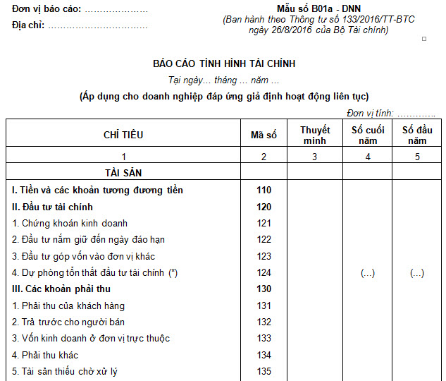 Mẫu Báo Cáo Tình Hình Tài Chính Theo Thông Tư 133