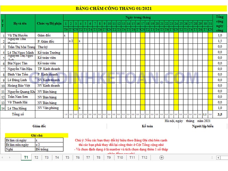 Mẫu bảng chấm công 2021