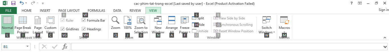 Các phím tắt trên Excel